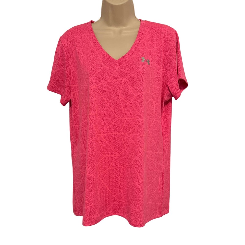 Under Armour HeatGear Pink Geometric V-Neck‎ Athletic T-Shirt Womens Large Loose